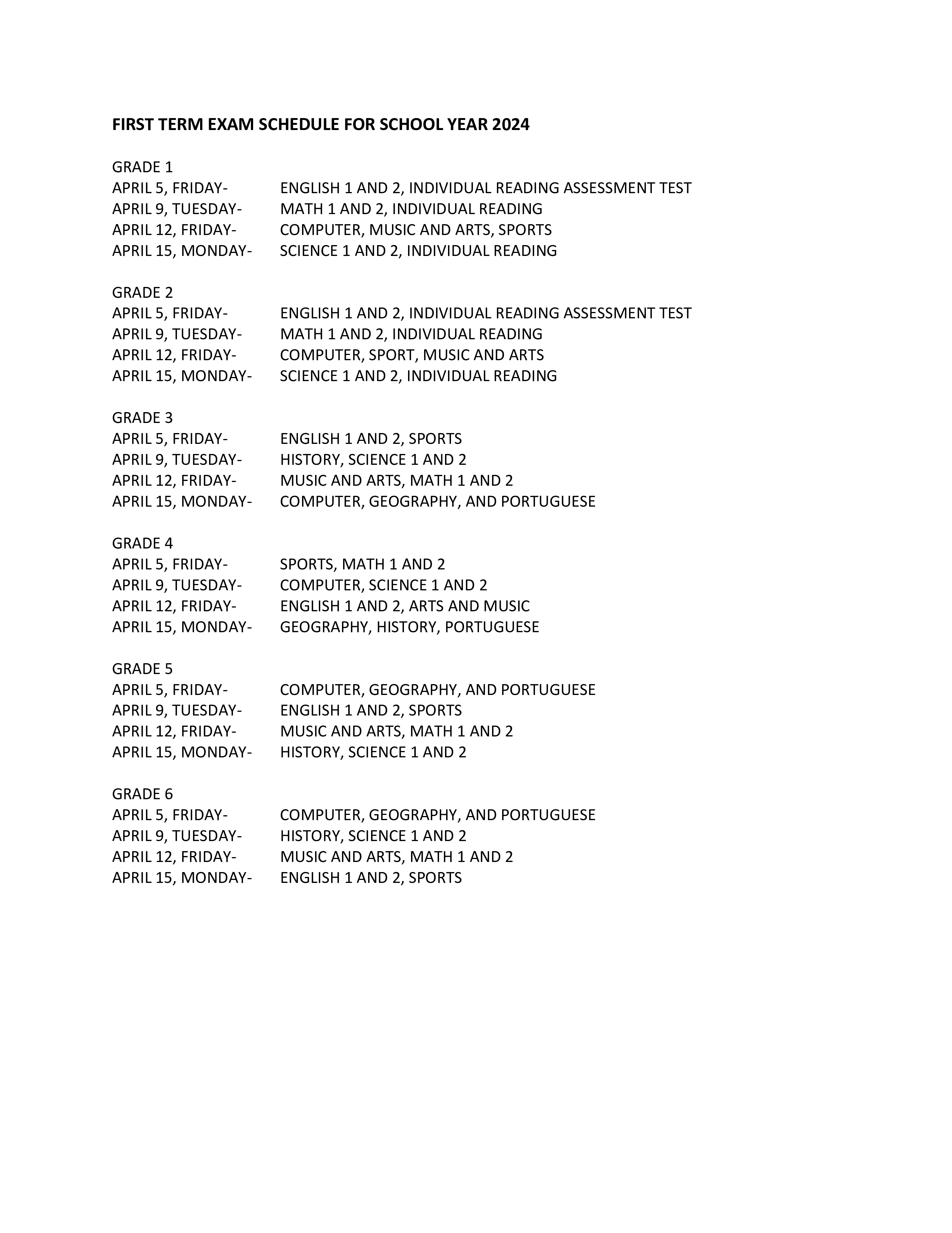 FIRST TERM EXAM SCHEDULE FOR SCHOOL YEAR 2024